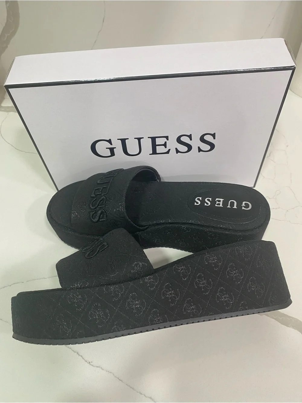 GUESS Black Embossed Logo Platform Slide Sandals